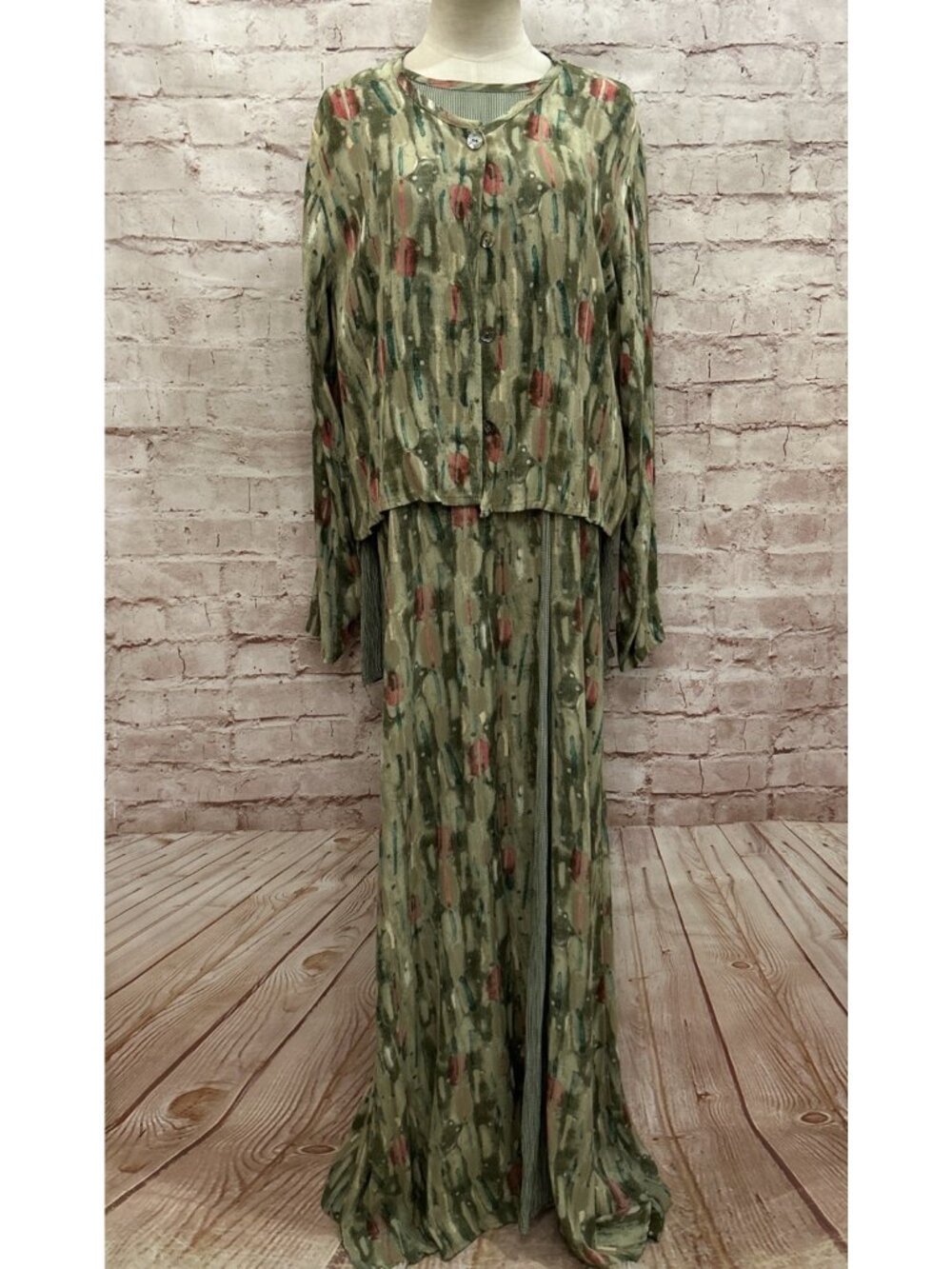 Angelheart Designs 2 pc Maxi Dress VTG Rayon Green Abstract Artsy Teacher Size L